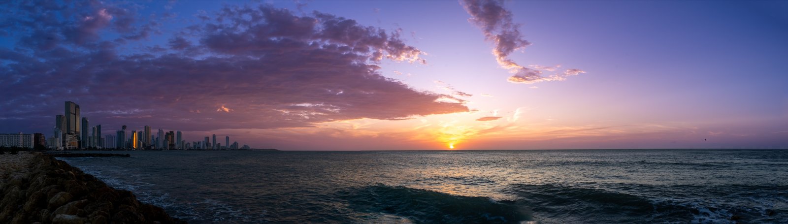Panoramic landscape over water at sunset