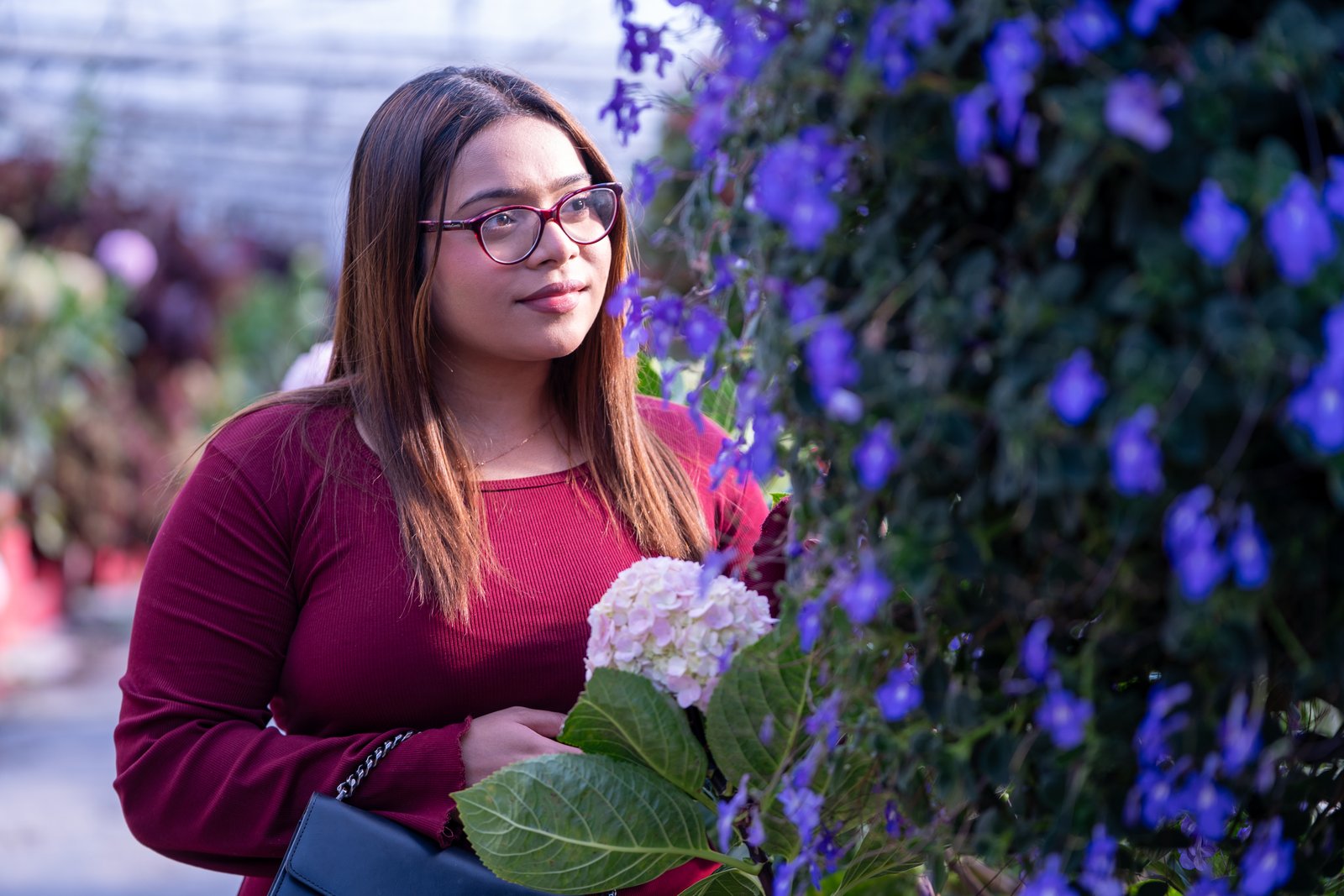 Woman in a red sweater holding a white hydrangea surrounded by purple flowers in a greenhouse