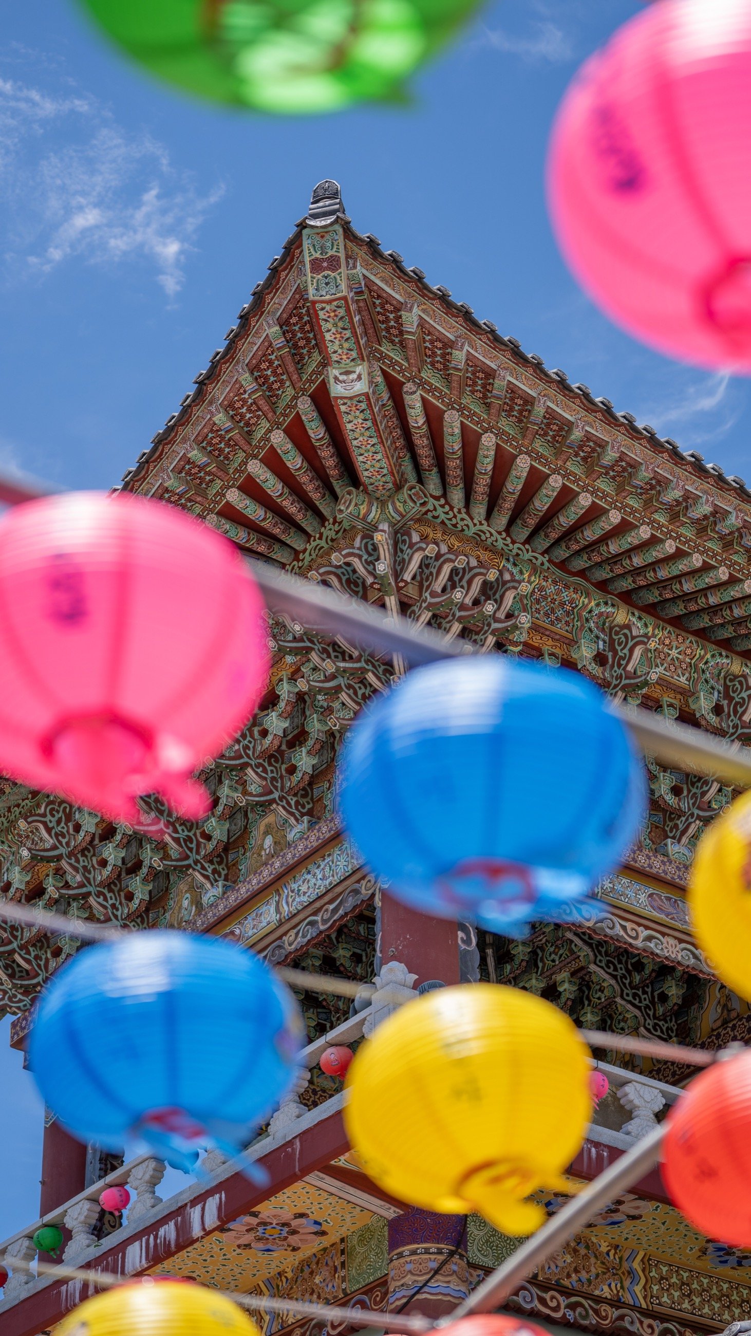 Colorful lanterns hanging beside a traditional pagoda roof