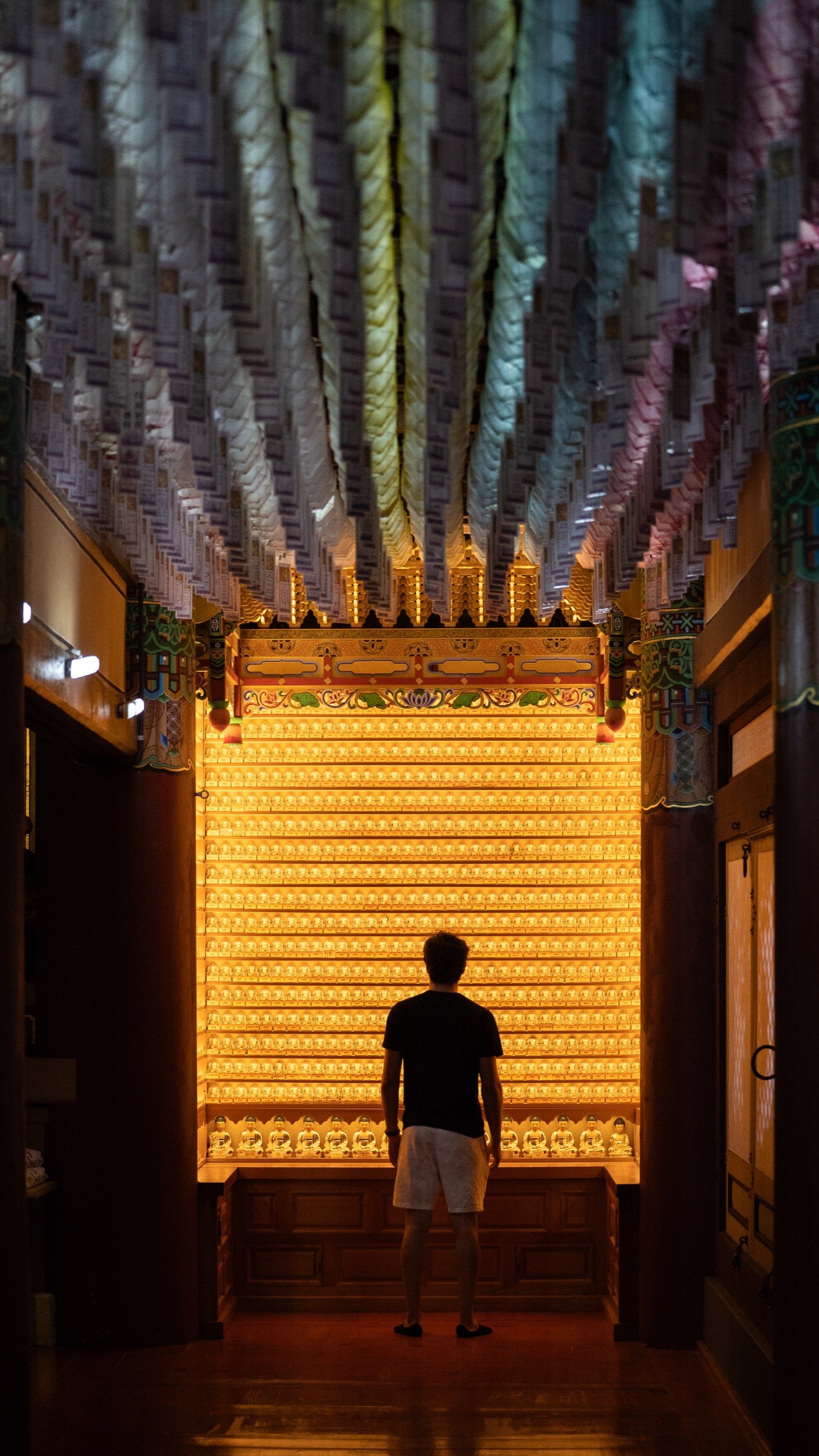 Person standing before a wall of illuminated figures in a temple corridor